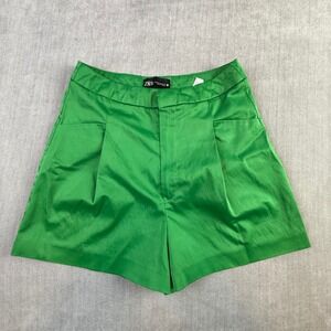 Zara Womens Green Satin High Waisted Pleated Shorts Size XS 24